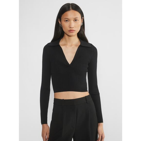 Babaton Black Ribbed Sculpt Knit Polo Long Sleeve Crop Sweater Small Collared - Picture 1 of 10